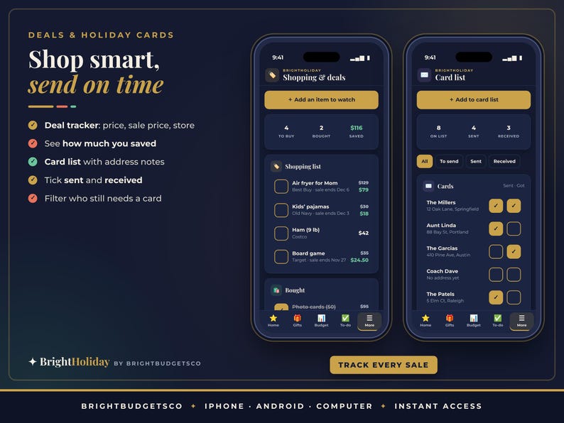 May include: Two smartphones display the BrightHoliday app interface with dark blue backgrounds and gold accents. The screens show shopping lists, deal trackers, and holiday card management features with text including Shop smart, send on time.