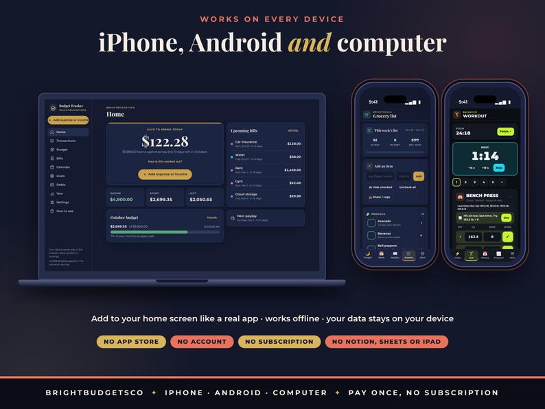 May include: A digital budget tracker interface displayed on a laptop and two smartphones. The dark-themed dashboard shows financial data, grocery lists, and workout timers. Text includes "WORKS ON EVERY DEVICE", "iPhone, Android and computer", and "NO APP STORE, NO ACCOUNT, NO SUBSCRIPTION".
