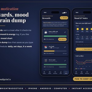 May include: Two smartphones displaying a dark-themed productivity app titled BrightbudgetsCo. The screens show interfaces for Rewards, Mood, and Notes, featuring progress bars, mood icons, and a 14-day chart. Text includes Extra motivation, Rewards, mood & brain dump, and FUN TO KEEP GOING.