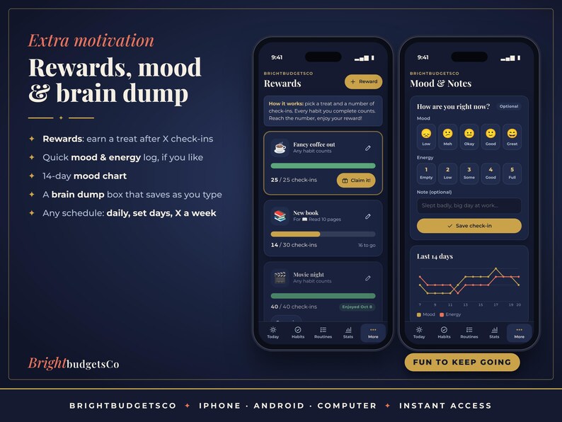 May include: Two smartphones displaying a dark-themed productivity app titled BrightbudgetsCo. The screens show interfaces for Rewards, Mood, and Notes, featuring progress bars, mood icons, and a 14-day chart. Text includes Extra motivation, Rewards, mood & brain dump, and FUN TO KEEP GOING.