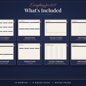 May include: A digital planner set for 2027 titled Everything for 2027 What's Included. It features eight templates: Year at a Glance, Annual Goals, Income Tracker, Bill Tracker, Debt Snowball, Sinking Funds, Savings Challenges, and Subscriptions.