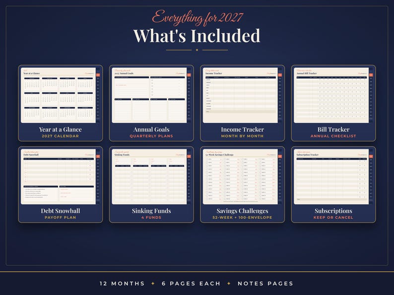 May include: A digital planner set for 2027 titled Everything for 2027 What's Included. It features eight templates: Year at a Glance, Annual Goals, Income Tracker, Bill Tracker, Debt Snowball, Sinking Funds, Savings Challenges, and Subscriptions.