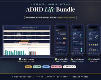 Peut inclure: Un ensemble numérique ADHD Life Bundle présentant un tableau de bord 2027 sur un écran d'ordinateur portable et trois interfaces mobiles. L'affichage sombre inclut des suivis d'habitudes, de tâches ménagères et de soins personnels avec BrightHabits.