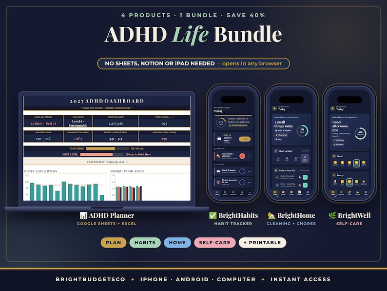 May include: A digital ADHD Life Bundle featuring a 2027 dashboard on a laptop screen and three mobile phone interfaces. The dark-themed display includes trackers for habits, home chores, and self-care, with text labels for BrightHabits, BrightHome, and BrightWell.