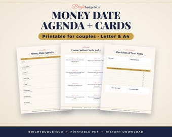 Money Date Printable for Couples, Monthly Budget Meeting Agenda and 24 Money Conversation Cards PDF, Letter and A4
