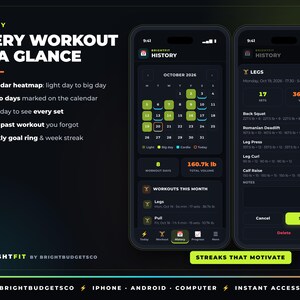 May include: Two smartphone screens displaying the BrightFit workout history interface with a dark theme. The left screen shows an October 2026 calendar heatmap and monthly stats. The right screen details a specific leg workout session.