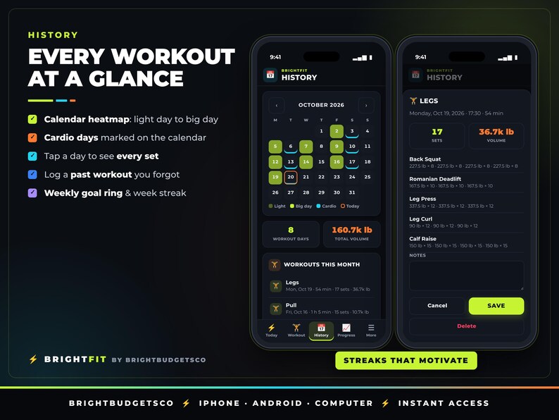 May include: Two smartphone screens displaying the BrightFit workout history interface with a dark theme. The left screen shows an October 2026 calendar heatmap and monthly stats. The right screen details a specific leg workout session.