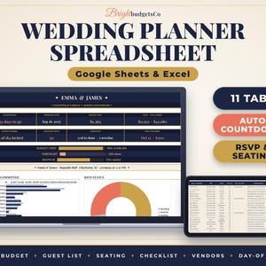 May include: A digital wedding planner spreadsheet for Google Sheets and Excel featuring a dark blue and gold interface. It displays budget tracking, guest lists, RSVP status, and a countdown. Text includes "WEDDING PLANNER SPREADSHEET", "11 TABS", "AUTO COUNTDOWN", and "RSVP & SEATING".