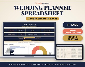 Peut inclure: Un tableur de planification de mariage numérique pour Google Sheets et Excel avec une interface bleu foncé et dorée. Il affiche le suivi budgétaire, les listes d'invités, le statut RSVP et un compte à rebours. Texte : "WEDDING PLANNER SPREADSHEET", "11 TABS", "AUTO COUNTDOWN", "RSVP & SEATING".