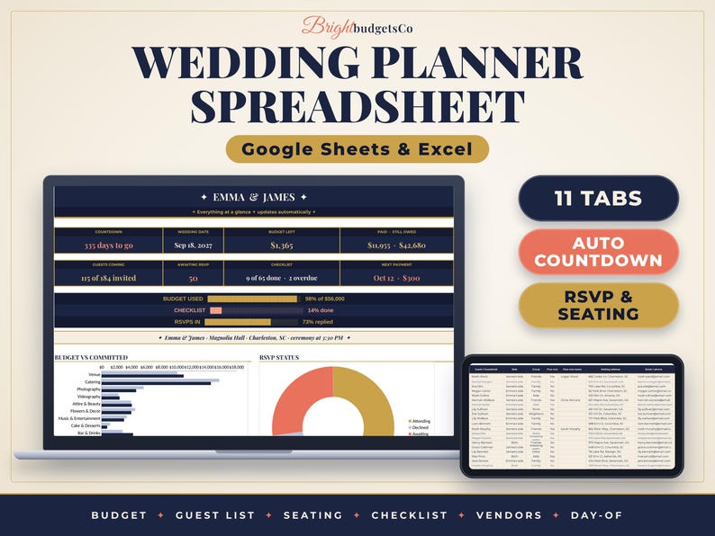 K&ouml;nnte beinhalten: Eine digitale Hochzeitsplaner-Tabelle f&uuml;r Google Sheets und Excel mit dunkelblauer und goldener Benutzeroberfl&auml;che. Sie zeigt Budgetverfolgung, G&auml;stelisten, RSVP-Status und einen Countdown. Text: "WEDDING PLANNER SPREADSHEET", "11 TABS", "AUTO COUNTDOWN", "RSVP & SEATING".