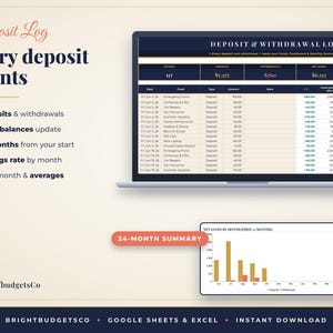 Puede incluir: Una hoja de c&aacute;lculo digital de registro de dep&oacute;sitos y retiros en la pantalla de una computadora port&aacute;til y un gr&aacute;fico de barras de resumen de 24 meses. La interfaz muestra columnas para fecha, fondo, tipo, monto, notas y saldo con el texto BrightbudgetsCo.