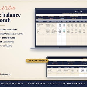May include: A digital financial tracking spreadsheet displayed on a laptop screen and a smaller window, titled Assets & Debt. It features columns for accounts, debts, monthly snapshots, interest, payments, and category totals for budget management.