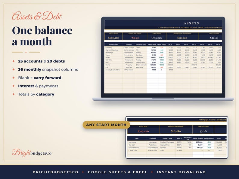 May include: A digital financial tracking spreadsheet displayed on a laptop screen and a smaller window, titled Assets & Debt. It features columns for accounts, debts, monthly snapshots, interest, payments, and category totals for budget management.
