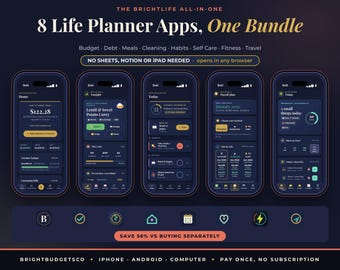 Peut inclure: Un ensemble numérique de 8 applications de planification de vie intitulé The Brightlife All-In-One, 8 Life Planner Apps, One Bundle. L'interface présente des écrans en mode sombre pour le budget, les dettes, les repas, le ménage et les habitudes.
