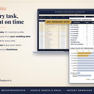K&ouml;nnte beinhalten: Eine digitale Hochzeits-Checkliste und Zeitplan-Tabelle auf einem Laptop-Bildschirm. Die Benutzeroberfl&auml;che zeigt Aufgabenlisten, Fortschrittsverfolgung nach Zeitrahmen und ein Balkendiagramm. Der Text lautet "Wedding Checklist & Timeline" und "Any Wedding Date".