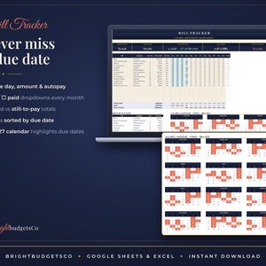 May include: A digital bill tracker spreadsheet displayed on a laptop screen and a tablet, featuring a 2027 calendar, monthly payment dropdowns, and automated totals for bills sorted by due date, with text reading Bill Tracker and BrightbudgetsCo.