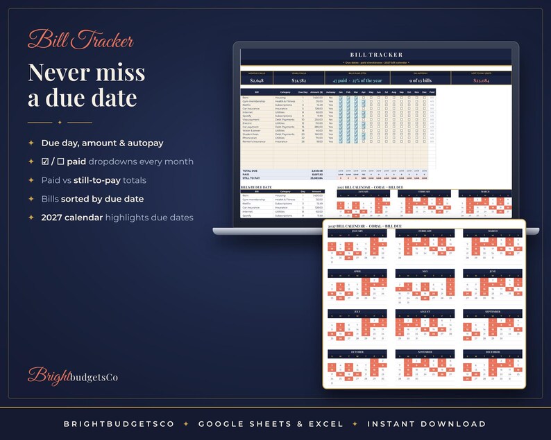 May include: A digital bill tracker spreadsheet displayed on a laptop screen and a tablet, featuring a 2027 calendar, monthly payment dropdowns, and automated totals for bills sorted by due date, with text reading Bill Tracker and BrightbudgetsCo.