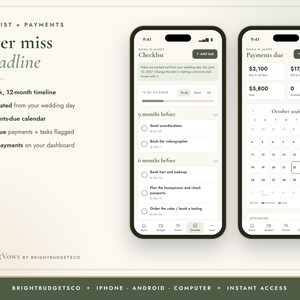 Puede incluir: Dos tel&eacute;fonos inteligentes que muestran la interfaz de una aplicaci&oacute;n de planificaci&oacute;n de bodas con una lista de verificaci&oacute;n y un panel de pagos. Las pantallas muestran texto como 'Never miss a deadline', 'Checklist' y 'Payments due'.