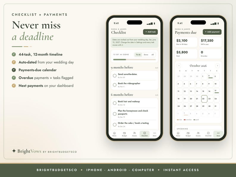 Puede incluir: Dos tel&eacute;fonos inteligentes que muestran la interfaz de una aplicaci&oacute;n de planificaci&oacute;n de bodas con una lista de verificaci&oacute;n y un panel de pagos. Las pantallas muestran texto como 'Never miss a deadline', 'Checklist' y 'Payments due'.