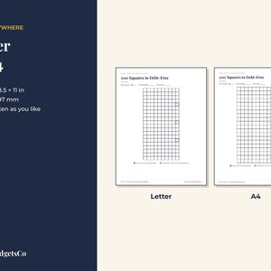 May include: Two printable debt tracking sheets titled 200 Squares to Debt-Free, featuring a grid layout with 200 squares. The sheets are labeled Letter 8.5 x 11 in and A4 210 x 297 mm, with text indicating print as often as you like.