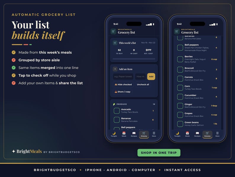 May include: A dark-themed digital interface for the BrightMeals grocery list app displayed on two smartphones. The screen shows a categorized list of food items, check boxes, and shopping tools with text including Your list builds itself.