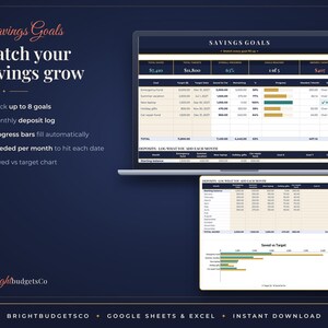 May include: A digital savings goals tracker spreadsheet for Google Sheets and Excel. The interface displays financial data, progress bars, and charts for tracking up to 8 goals, monthly deposits, and target dates. Text includes Savings Goals, Watch your savings grow, and BrightbudgetsCo.