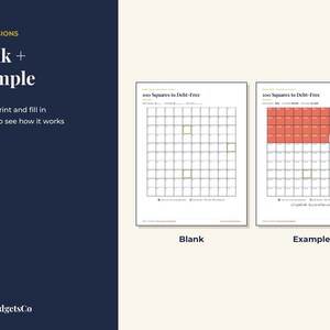 May include: Two printable debt tracking charts titled 100 Squares to Debt-Free. One chart is blank, and the other is an example with some squares filled in with red. Both feature a grid of 100 squares, text labels, and the BrightbudgetsCo logo.