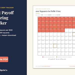 May include: A printable debt payoff coloring tracker featuring a grid titled 100 Squares to Debt-Free. The chart includes 100 squares, each representing $100, with some squares filled in red and others outlined in gold to track progress toward a $10,000 goal.