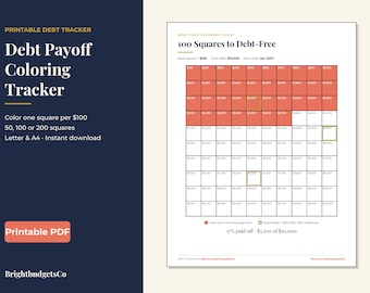 Peut inclure: Un suivi de remboursement de dettes à imprimer avec une grille intitulée 100 Squares to Debt-Free. Le tableau comprend 100 cases, chacune représentant 100 $, avec certaines cases remplies en rouge et d'autres bordées d'or pour suivre l'objectif de 10 000 $.