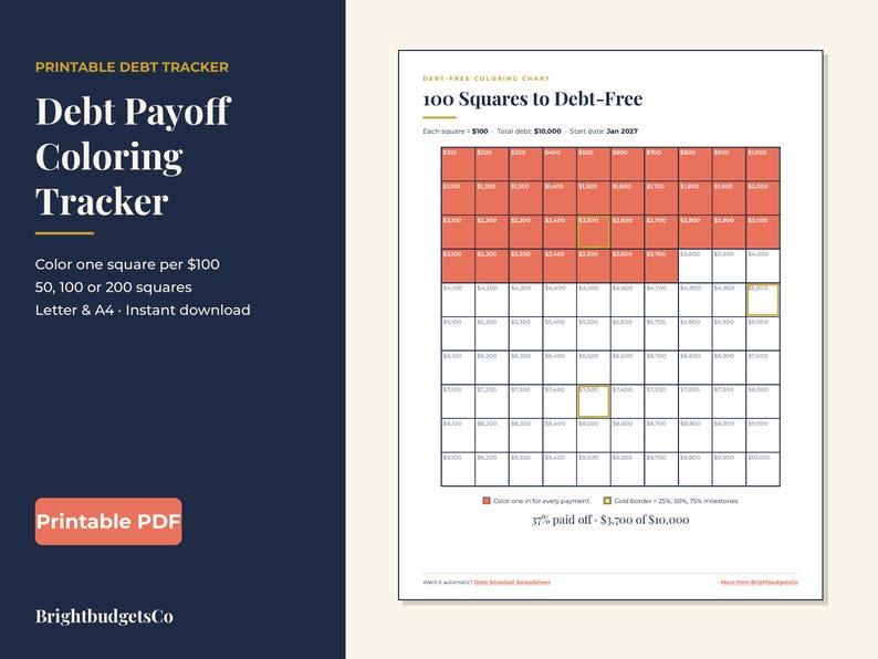 May include: A printable debt payoff coloring tracker featuring a grid titled 100 Squares to Debt-Free. The chart includes 100 squares, each representing $100, with some squares filled in red and others outlined in gold to track progress toward a $10,000 goal.