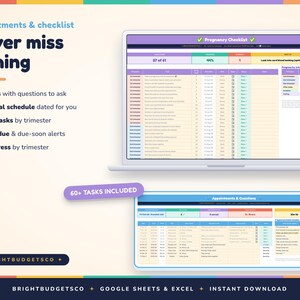 May include: A digital pregnancy checklist and appointment tracker displayed on a laptop screen and a secondary window. The interface features columns for tasks, dates, and progress tracking by trimester, with text including Never miss a thing.
