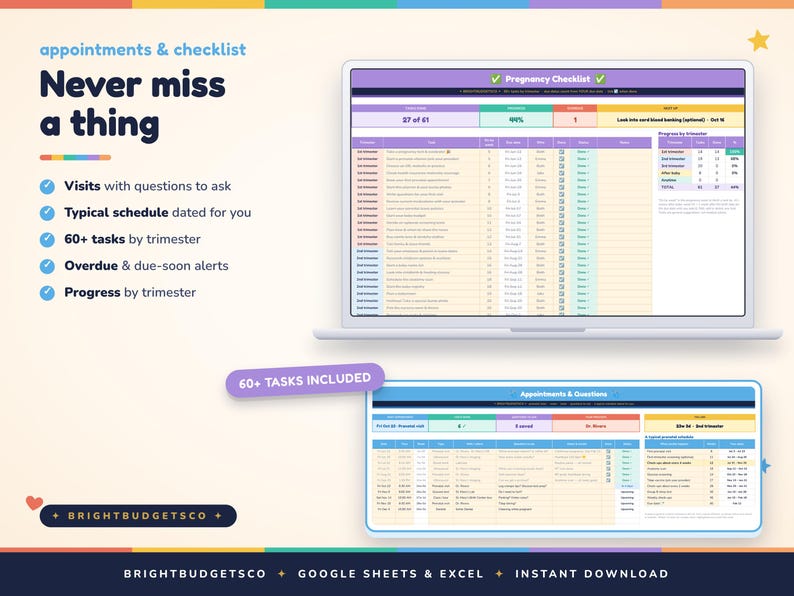 May include: A digital pregnancy checklist and appointment tracker displayed on a laptop screen and a secondary window. The interface features columns for tasks, dates, and progress tracking by trimester, with text including Never miss a thing.
