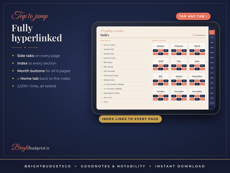 May include: A digital budget planner displayed on a tablet screen featuring an index page with monthly buttons, side navigation tabs, and a list of financial tracking sections. The interface includes text labels for months and budget categories.
