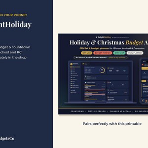 May include: A digital interface for the BrightHoliday App, a holiday and Christmas budget planner. The display shows a dark-themed dashboard on a laptop and smartphone, featuring sections for a gift list, budget tracker, card list, and meal planner.