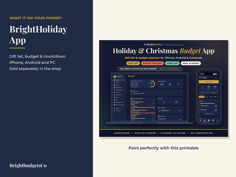 May include: A digital interface for the BrightHoliday App, a holiday and Christmas budget planner. The display shows a dark-themed dashboard on a laptop and smartphone, featuring sections for a gift list, budget tracker, card list, and meal planner.