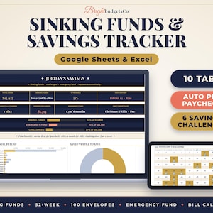 May include: A digital sinking funds and savings tracker for Google Sheets and Excel. The display shows financial data, charts, and a 100 envelope challenge grid. Text includes SINKING FUNDS & SAVINGS TRACKER, 10 TABS, AUTO PER PAYCHECK, and 6 SAVINGS CHALLENGES.