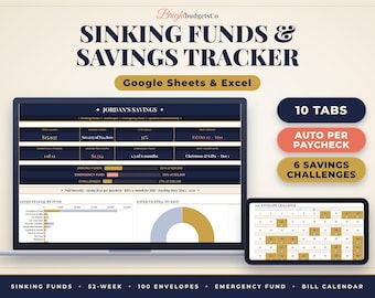 Peut inclure: Un outil numérique de suivi des fonds d'amortissement et de l'épargne pour Google Sheets et Excel. L'écran affiche des données financières, des graphiques et une grille de défi des 100 enveloppes. Texte : SINKING FUNDS & SAVINGS TRACKER, 10 TABS, AUTO PER PAYCHECK, 6 SAVINGS CHALLENGES.