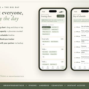 Puede incluir: Dos tel&eacute;fonos inteligentes que muestran una aplicaci&oacute;n de planificaci&oacute;n de bodas. La pantalla izquierda muestra un plano de asientos con nombres de invitados. La pantalla derecha muestra un cronograma del d&iacute;a. El texto incluye Seat everyone, enjoy the day.