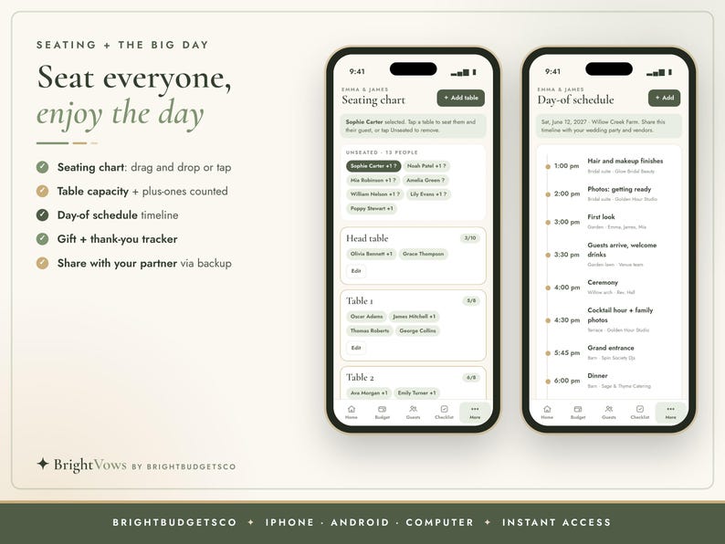 Puede incluir: Dos tel&eacute;fonos inteligentes que muestran una aplicaci&oacute;n de planificaci&oacute;n de bodas. La pantalla izquierda muestra un plano de asientos con nombres de invitados. La pantalla derecha muestra un cronograma del d&iacute;a. El texto incluye Seat everyone, enjoy the day.