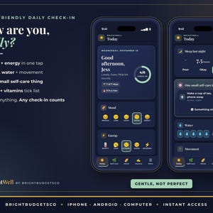 May include: A digital interface for an ADHD-friendly daily check-in app titled How are you, really? displayed on two smartphones. The dark-themed screens show mood, energy, sleep, and self-care tracking features with icons and text labels.