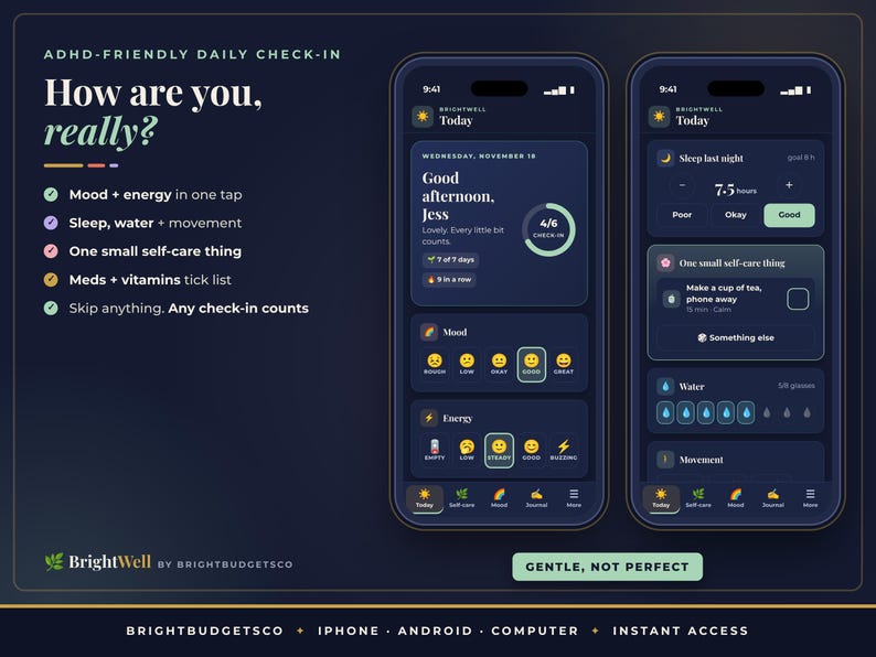 May include: A digital interface for an ADHD-friendly daily check-in app titled How are you, really? displayed on two smartphones. The dark-themed screens show mood, energy, sleep, and self-care tracking features with icons and text labels.