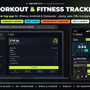 May include: A digital workout and fitness tracker app interface displayed on a laptop and smartphone. The dark-themed dashboard features workout logs, rest timers, progressive overload tracking, and charts for iPhone, Android, and computer.