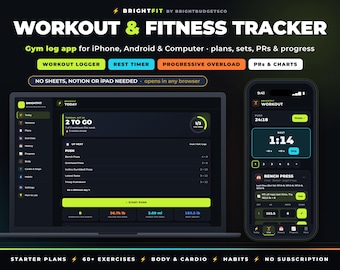 Peut inclure: Une interface d'application de suivi d'entraînement et de fitness affichée sur un ordinateur portable et un smartphone. Le tableau de bord sombre comprend des journaux d'entraînement, des minuteurs de repos et des graphiques.