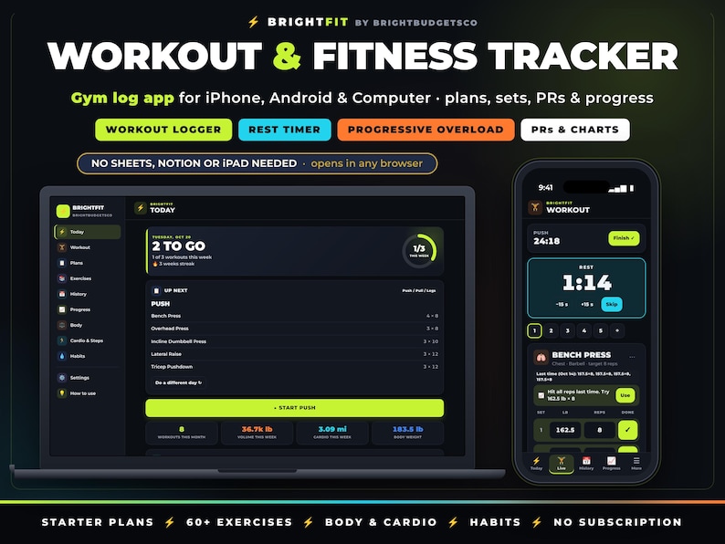 May include: A digital workout and fitness tracker app interface displayed on a laptop and smartphone. The dark-themed dashboard features workout logs, rest timers, progressive overload tracking, and charts for iPhone, Android, and computer.
