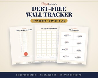 Debt Free Wall Tracker Printable, Debt Payoff Thermometer, 100 Square Coloring Chart and Milestone Cards PDF, Letter and A4