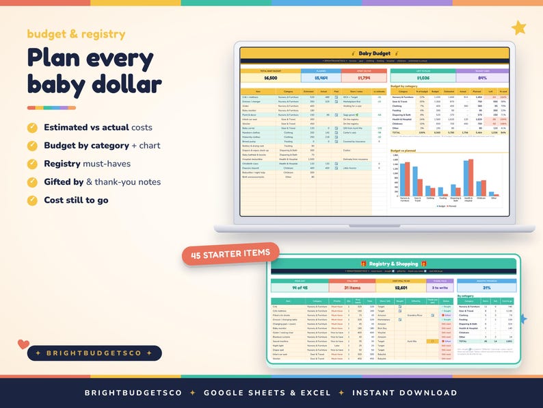 May include: A digital baby budget and registry planner template for Google Sheets and Excel. The interface displays financial tracking tables, category charts, and lists for estimated costs, registry items, and gift tracking with the text Plan every baby dollar.