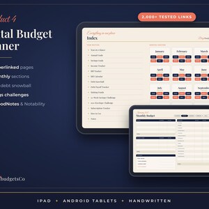 May include: A digital budget planner displayed on two tablet screens against a dark blue background. The interface features an index with 93 hyperlinked pages, 12 monthly sections, bill trackers, and savings challenges, compatible with GoodNotes and Notability.