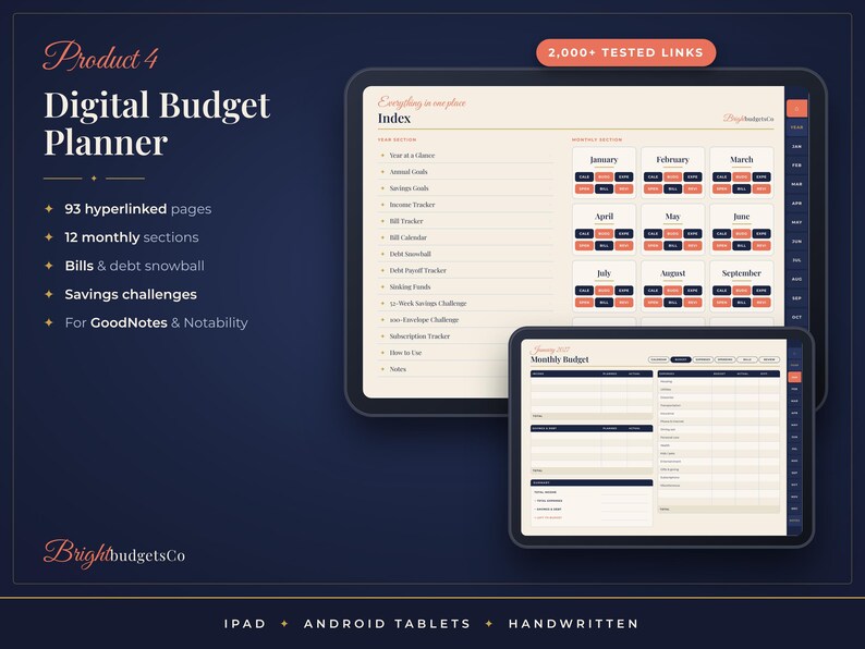 May include: A digital budget planner displayed on two tablet screens against a dark blue background. The interface features an index with 93 hyperlinked pages, 12 monthly sections, bill trackers, and savings challenges, compatible with GoodNotes and Notability.
