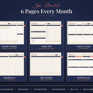 May include: A 2027 digital planner layout featuring six pages per month: Monthly Calendar, Budget Plan, Expense Tracker, Spending Log, Bills Checklist, and Monthly Review. The design uses a dark blue background with cream-colored pages and dark text.