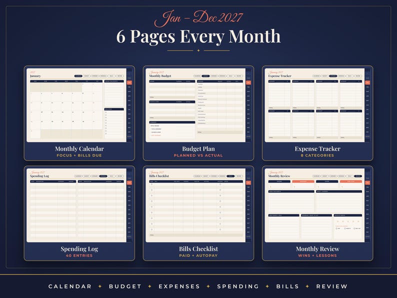 May include: A 2027 digital planner layout featuring six pages per month: Monthly Calendar, Budget Plan, Expense Tracker, Spending Log, Bills Checklist, and Monthly Review. The design uses a dark blue background with cream-colored pages and dark text.